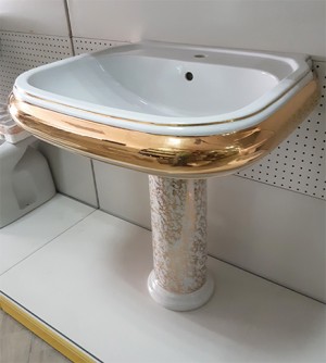 Sanitari bagno lavabo e colonna vintage bianco e fasce oro decorati Yura Kerasan