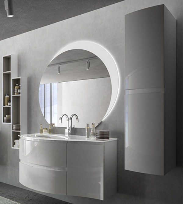 Mobile bagno monoblocco bianco lucido con specchio e colonna