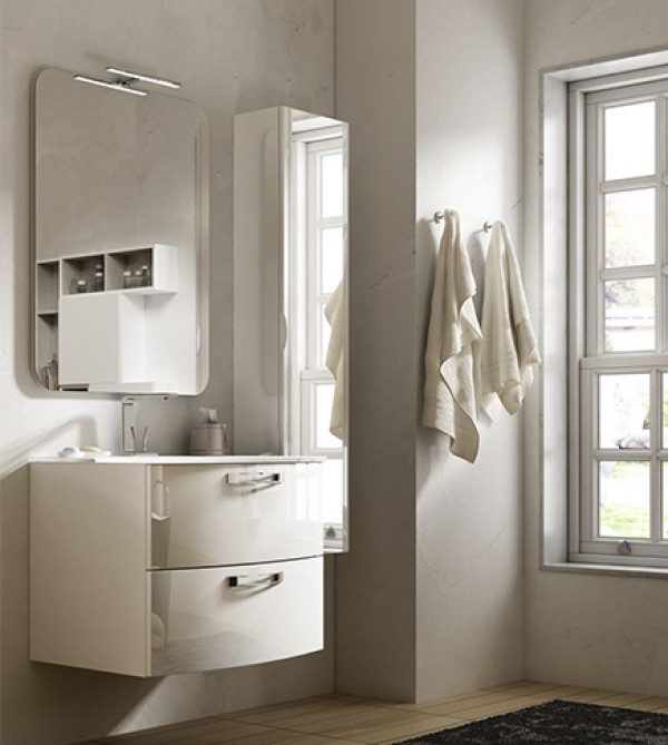 Mobile bagno sospeso moderno Comfort bianco, misura cm 75, con specchio e  applique, lavabo e colonna Arredobagno e Cucine s.r.l.s.