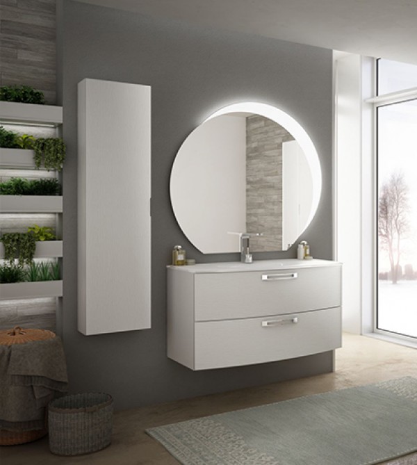 Mobile bagno sospeso moderno Comfort bianco, misura cm 100, con specchio  led, lavabo e colonna Arredobagno e Cucine s.r.l.s.