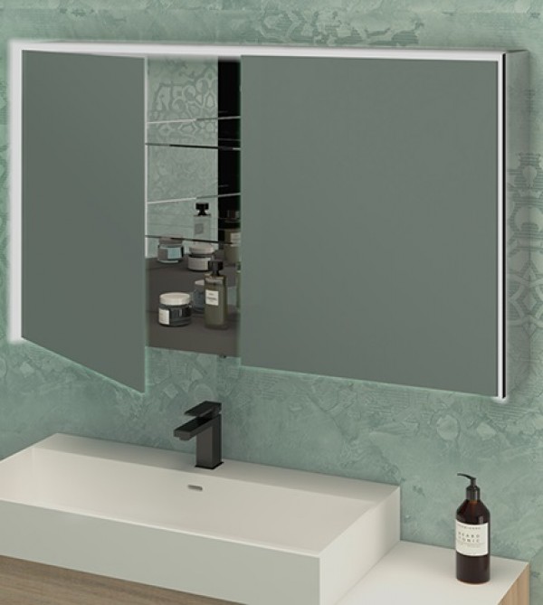 Specchio contenitore con LED da bagno a 2 ante, design moderno, Carol